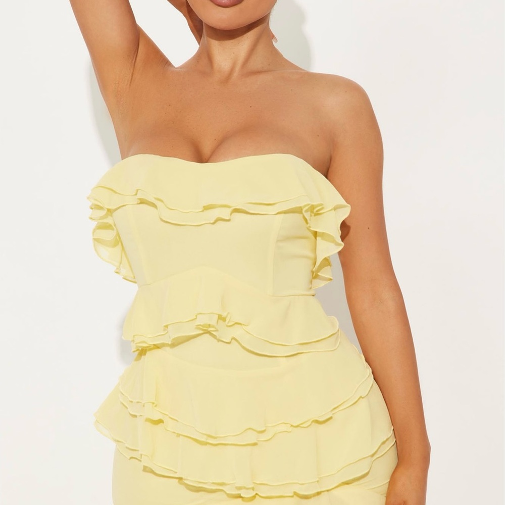 Spring Dress-Fashion Nova Strapless Yellow Ruffle Dress - Picture 3 of 3
